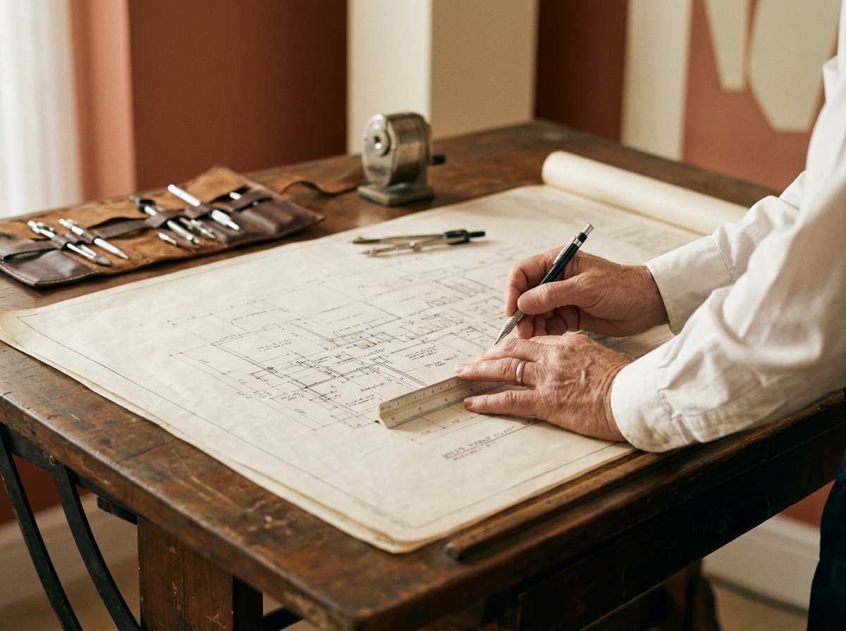 An architect's hands reviewing a technical blueprint at a drafting table