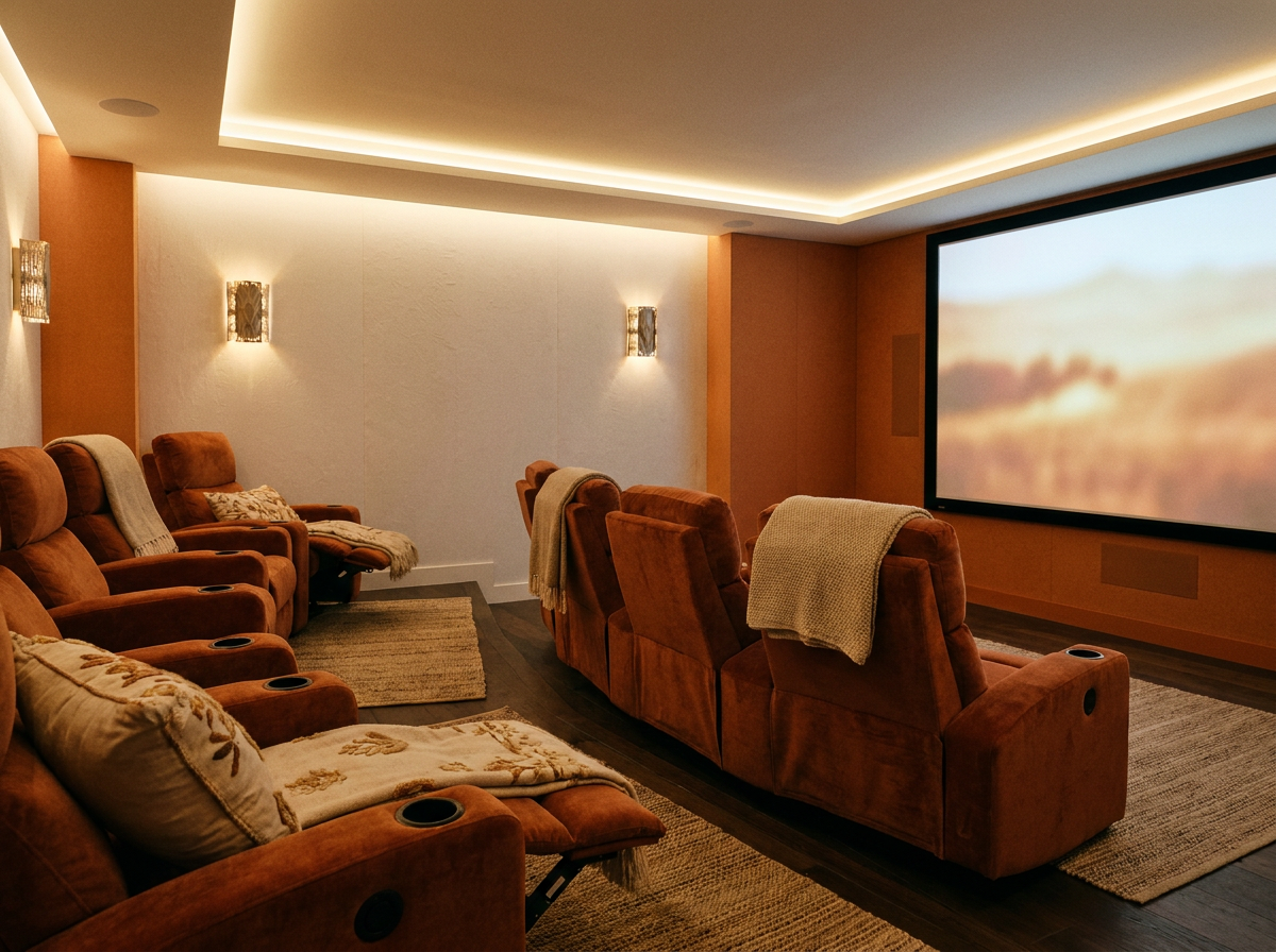 A cozy premium home theatre room with plush seats facing a glowing screen