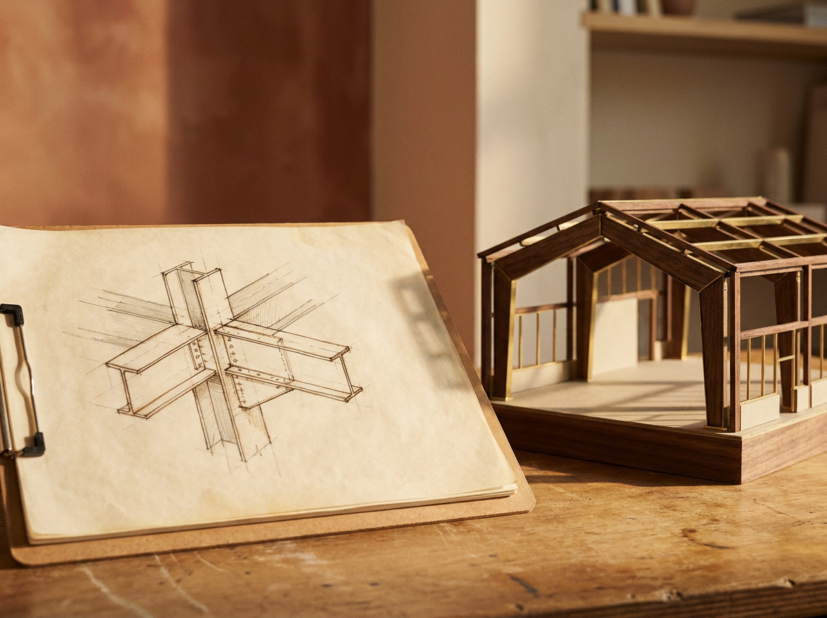 A structural steel connection detail drawing beside a scale model of a portal-frame warehouse