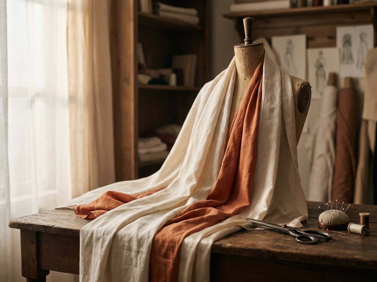 Draped ivory and terracotta fabric on a dress form beside a sketchbook of garment designs