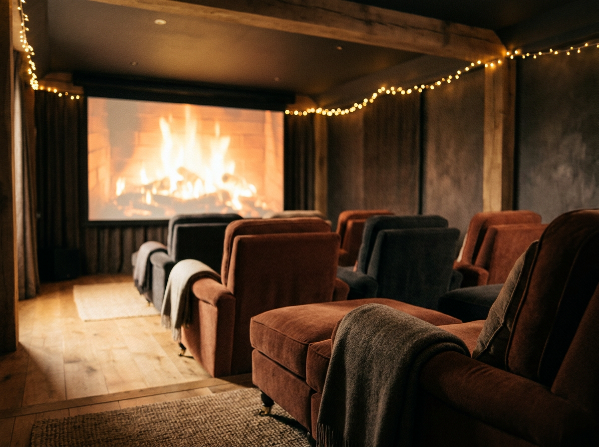 A cozy private home theatre with warm string lighting and a glowing screen