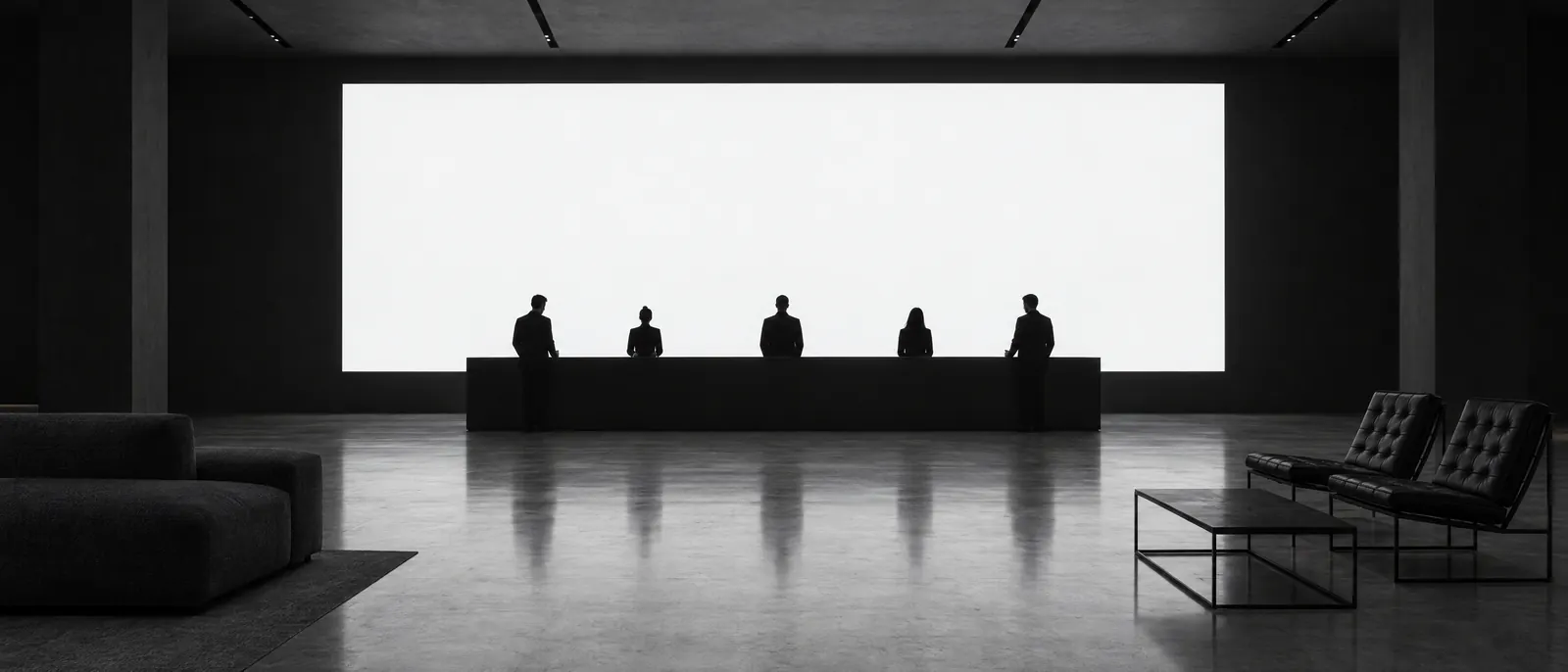 Illustration of a dark hall where silhouetted people stand at a long counter in front of a wide white screen.