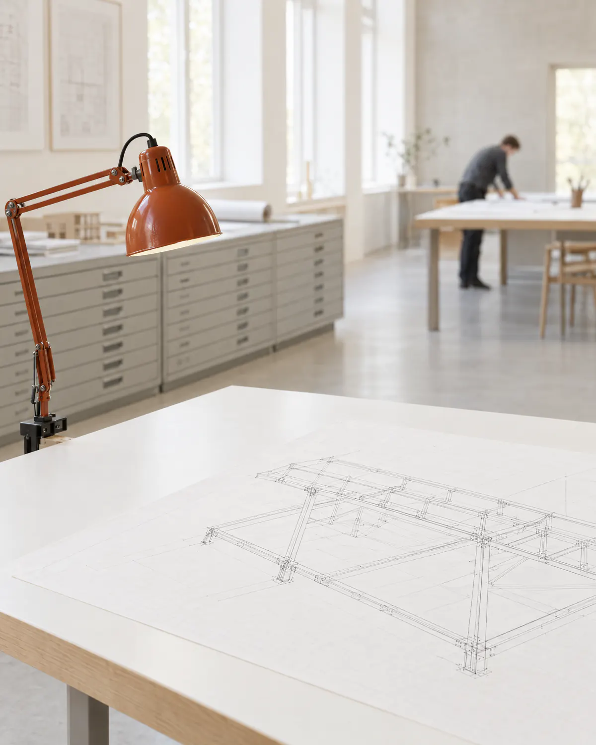Illustration of a bright drawing office with plan chests and a long table under window light, a person out of focus at the far end.