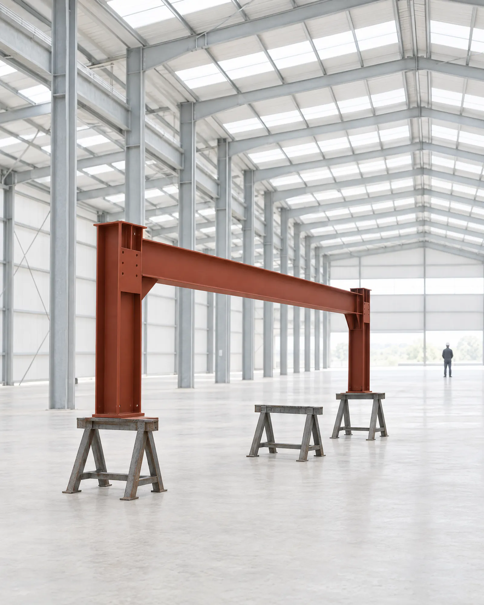 Illustration of an empty fabrication bay with one sienna portal frame standing under the roof trusses and a person at the far door.